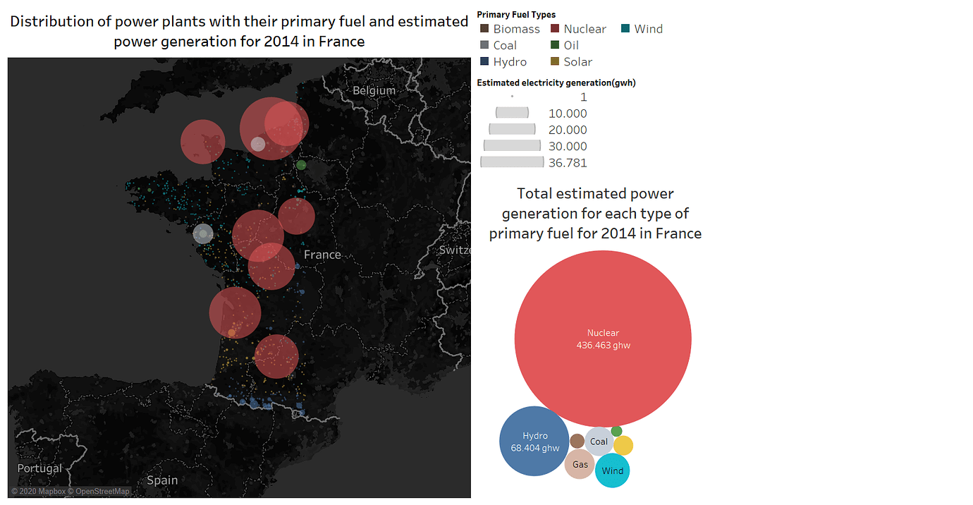 Distribution of power plants with their primary fuel and estimated ...